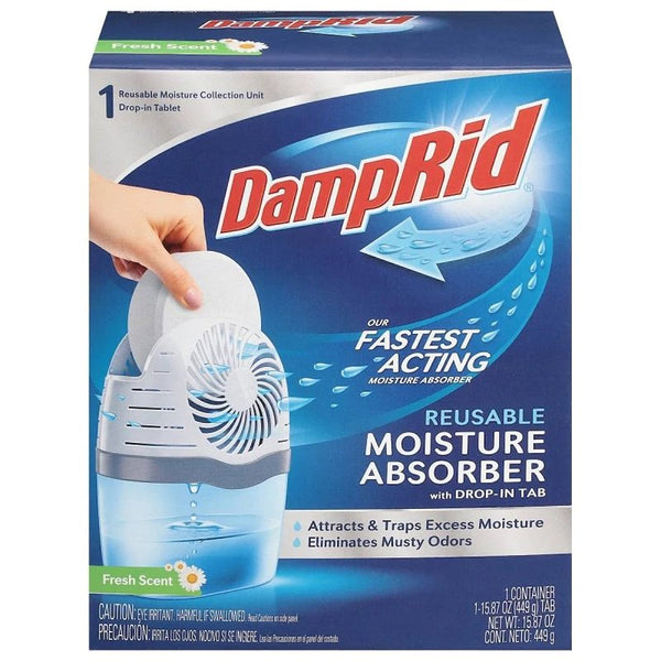 DampRid FG96FSSB Reusable Drop-In Tab Moisture Absorber Starter Kit, 15.8 oz Tablet, Solid, Fresh