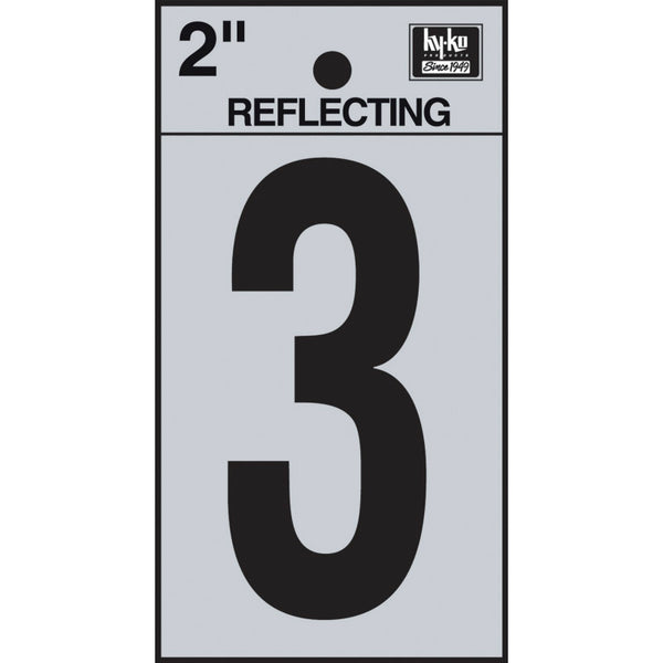 Hy-Ko RV-25/3 Reflective Adhesive Vinyl Number 3 Sign, 2", Black/Silver