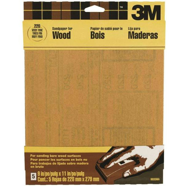 3M 9035 Garnet Sandpaper, 9" x 11", Very Fine 220 Grit, 5-Pack