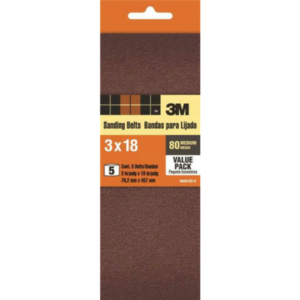 3M 99261NA Heavy Duty Resin Bond Power Sanding Belt, 3" x 18", 80 Grit, 5-Pack