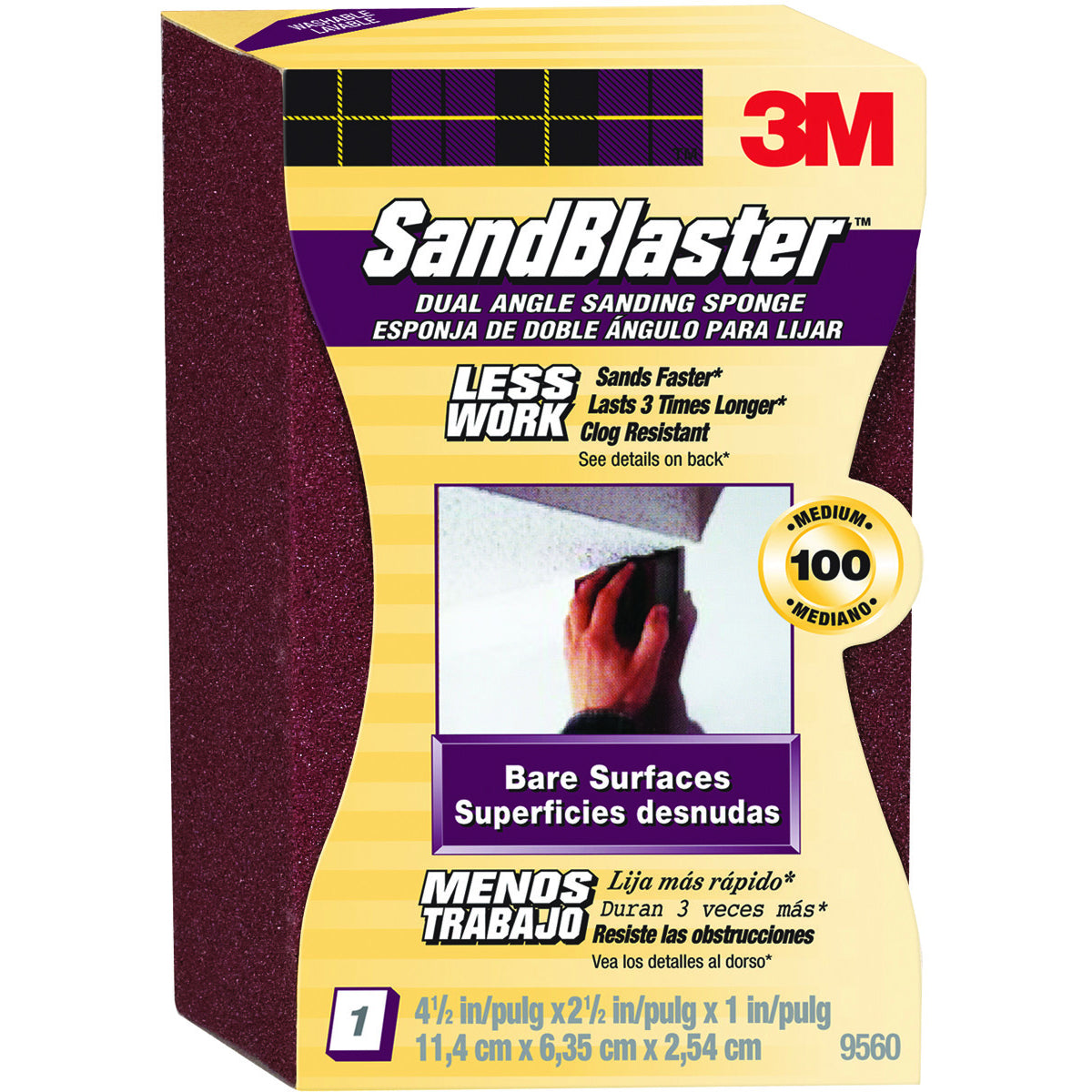 3M 9560 SandBlaster Dual Angle Sanding Sponge, Medium 100 Grit, 4-1/2" x 2-1/2"