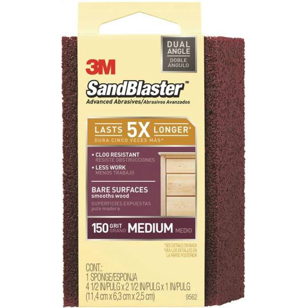 3M 9562 SandBlaster Dual Angle Sanding Sponge, Medium 150 Grit, 4-1/2" x 2-1/2"