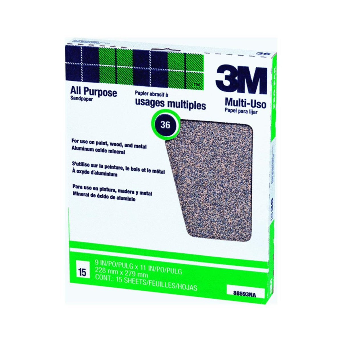 3M 88593NA-15 Pro-Pak™ Aluminum Oxide Sandpaper, 9"x11", 36 Grit, 15-Count