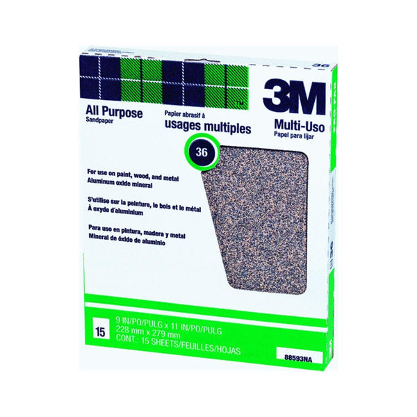 3M 88593NA-15 Pro-Pak™ Aluminum Oxide Sandpaper, 9"x11", 36 Grit, 15-Count