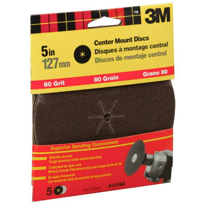 3M 9151 Aluminum Oxide Power Sanding Disc, 5", Medium 80 Grit, 5-Pack