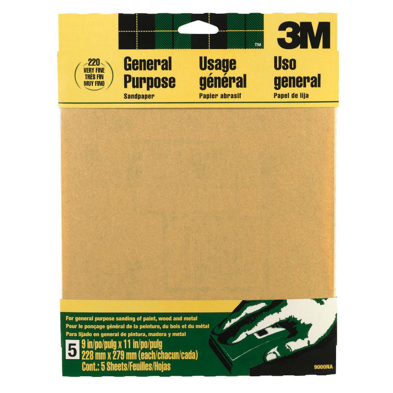 3M 9000 Aluminum Oxide General Purpose Sandpaper, 9" x 11", 220 Grit, 5-Pack