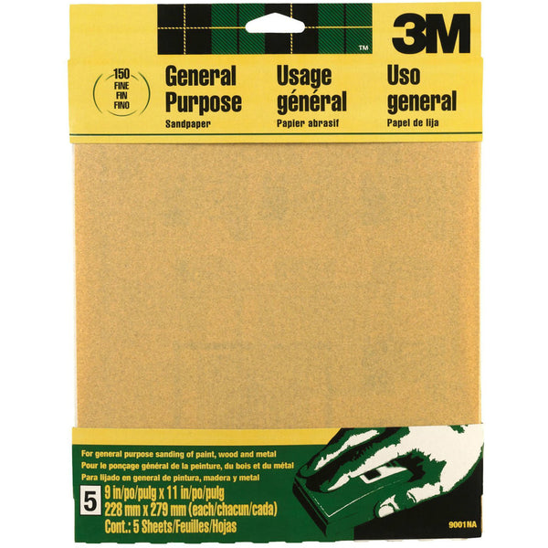 3M 9001 Aluminum Oxide General Purpose Sandpaper, 9" x 11", Fine 150 Grit, 5-Pack