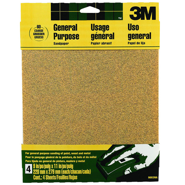 3M 9003 Aluminum Oxide Sandpaper, 9" x 11", Medium 60 Grit, 4-Pack