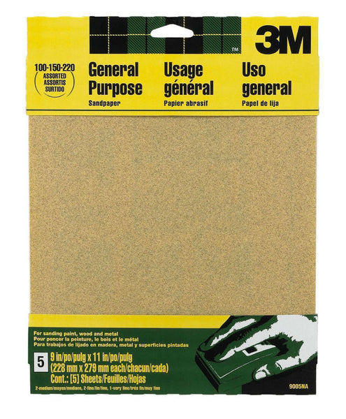 3M 9005 Aluminum Oxide General Purpose Sandpaper, 9" x 11", Assorted Grit, 5-Pk