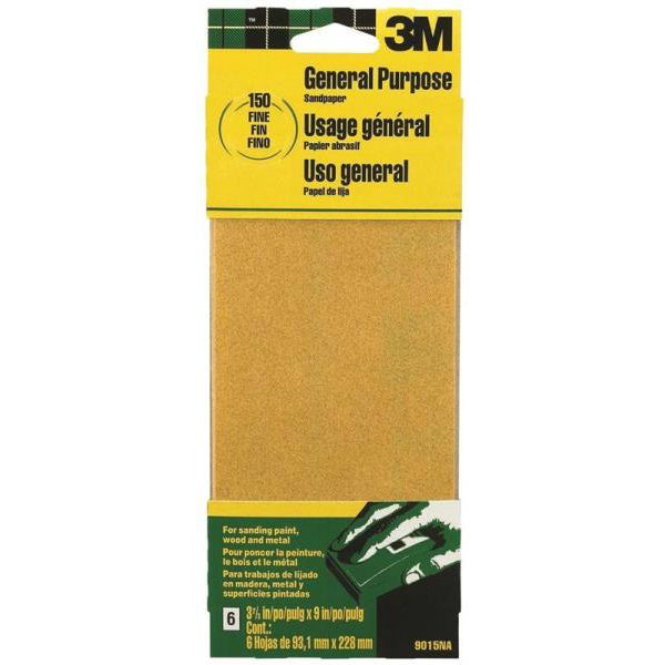 3M 9015 Aluminum Oxide Sandpaper Sheet, 3-2/3" x 9", Fine 150 Grit, 6-Pack