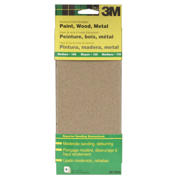 3M 9016 Aluminum Oxide Sandpaper Sheet, 3-2/3" x 9", Medium 100 Grit, 6-Pack