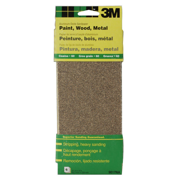 3M 9017 Aluminum Oxide Sandpaper Sheet, 3-2/3" x 9", Coarse 60 Grit, 6-Pack