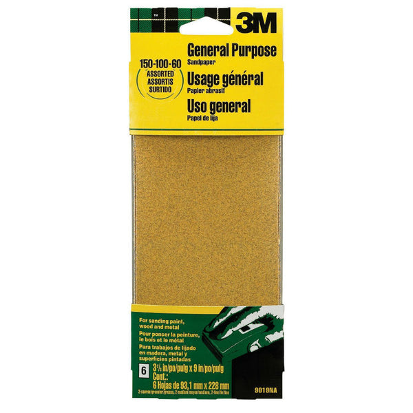 3M 9019 Aluminum Oxide Sandpaper Sheet, 3-2/3" x 9", Assorted Grit, 6-Pack