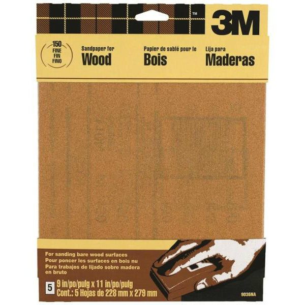 3M 9036 Garnet Sandpaper, 9" x 11", Fine 150 Grit, 5-Pack