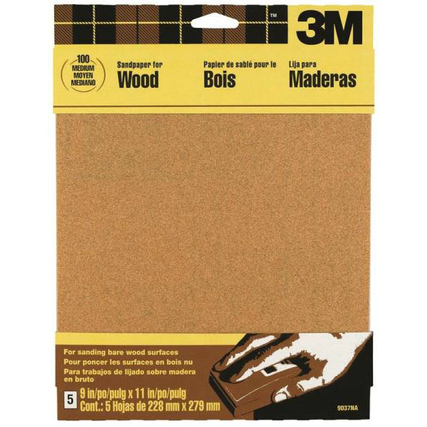 3M 9037 Garnet Sandpaper, 9" x 11", Medium 100 Grit, 5-Pack