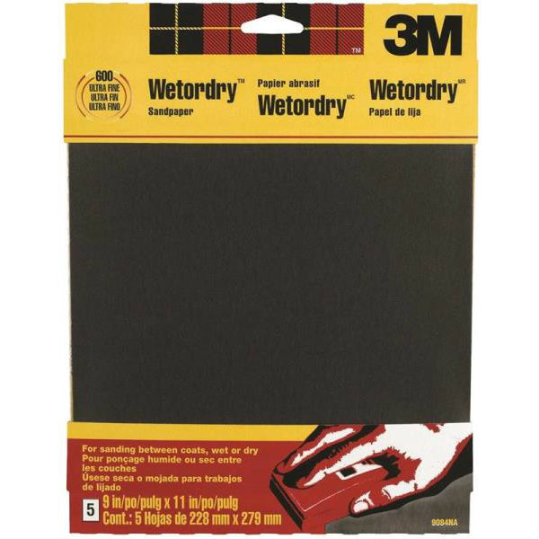 3M 9084 Wet/Dry Sandpaper, 9" x 11", Ultra Fine 600 Grit, 5-Pack