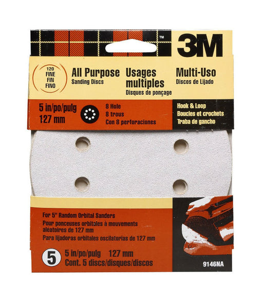 3M 9146ES Dust-Free 8-Hole Quick Change Sanding Disc, 5", Fine 120 Grit, 5-Pack