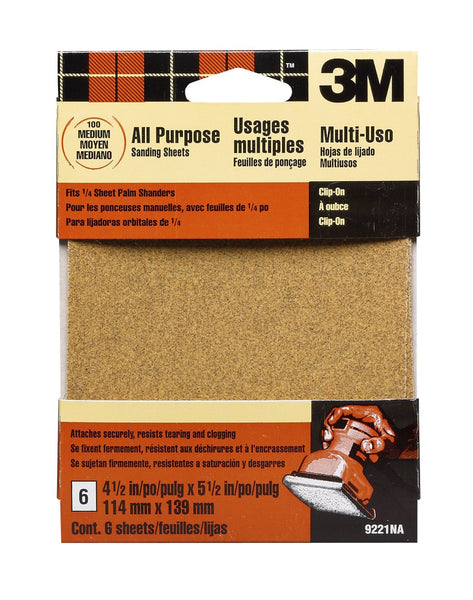 3M 9221NA Aluminum Oxide Palm Sander Sheet, 4.5" x 5.5", Medium 100 Grit, 6-Pack