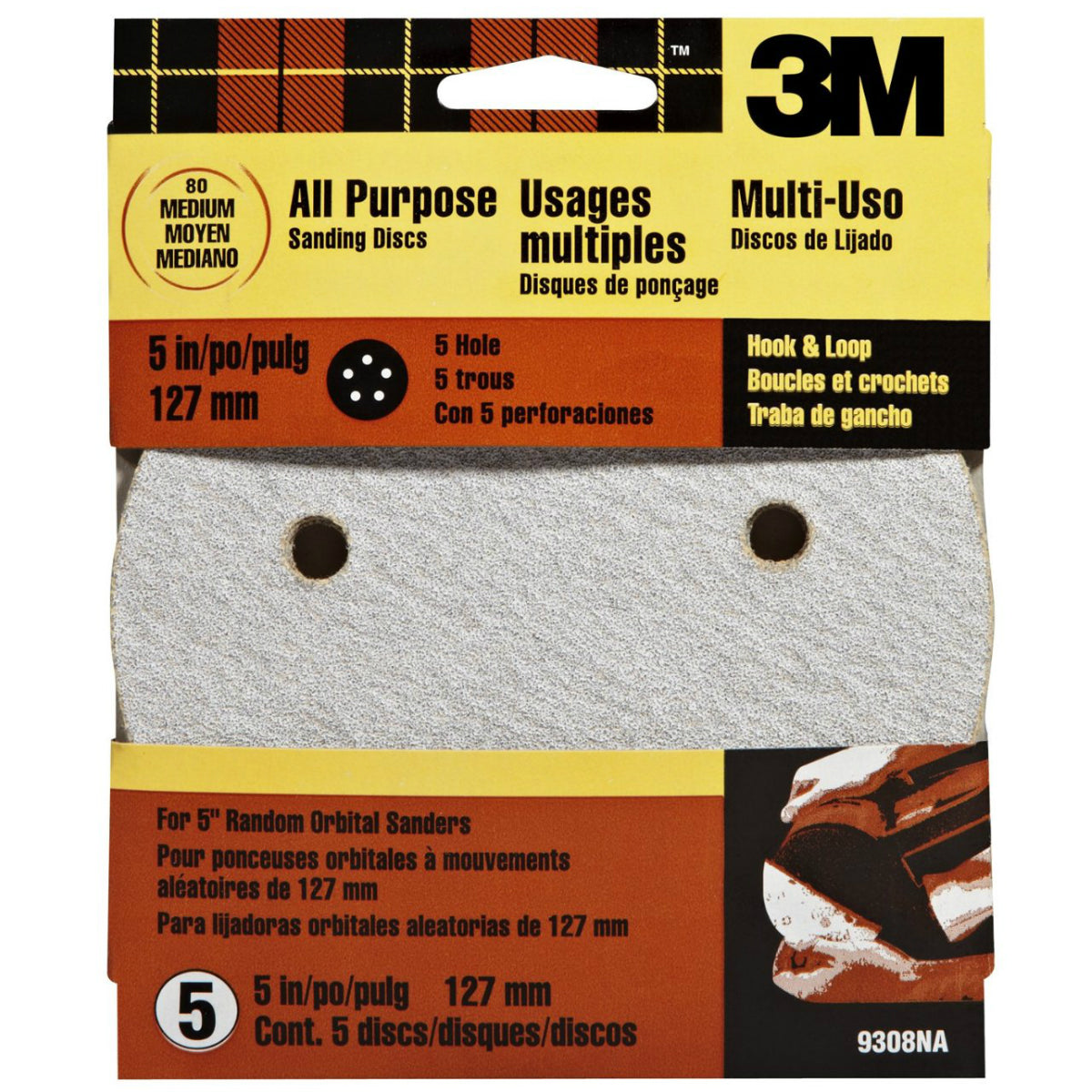 3M 9308NA Hookit 5-Hole Dust-Free Pattern Disc, 5", Medium 80 Grit, 5-Pack