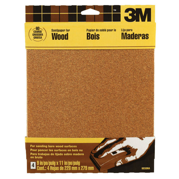 3M 9038 Garnet Sandpaper 9" x 11", Coarse 60 Grit, 4-Pack