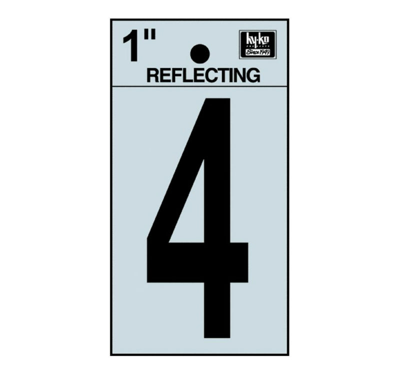 Hy-Ko RV-15/4 Reflective Adhesive Vinyl Number 4 Sign, 1", Black/Silver