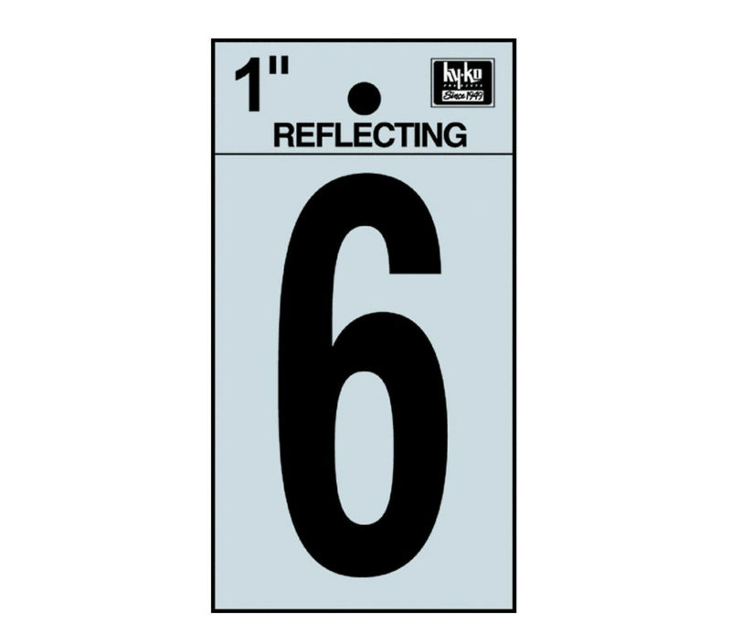 Hy-Ko RV-15/6 Reflective Adhesive Vinyl Number 6 Sign, 1", Black/Silver