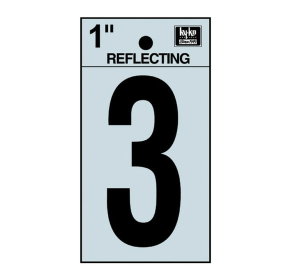 Hy-Ko RV-15/3 Reflective Adhesive Vinyl Number 3 Sign, 1", Black/Silver