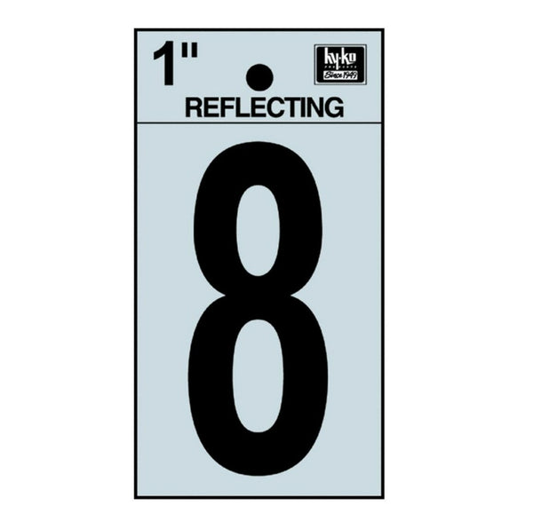 Hy-Ko RV-15/8 Reflective Adhesive Vinyl Number 8 Sign, 1", Black/Silver