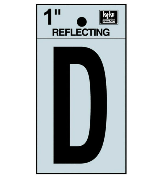 Hy-Ko RV-15/D Reflective Adhesive Vinyl Letter D Sign, 1", Black/Silver