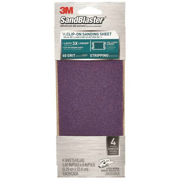 3M 9650 SandBlaster Clip On Power Sanding Sheet, 3-2/3"x9", Coarse 60 Grit, 4-Pk