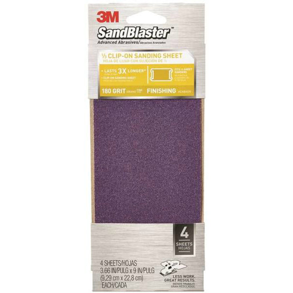 3M 9652 SandBlaster Clip On Power Sanding Sheet, 3-2/3"x9", Fine 180 Grit, 4-Pk