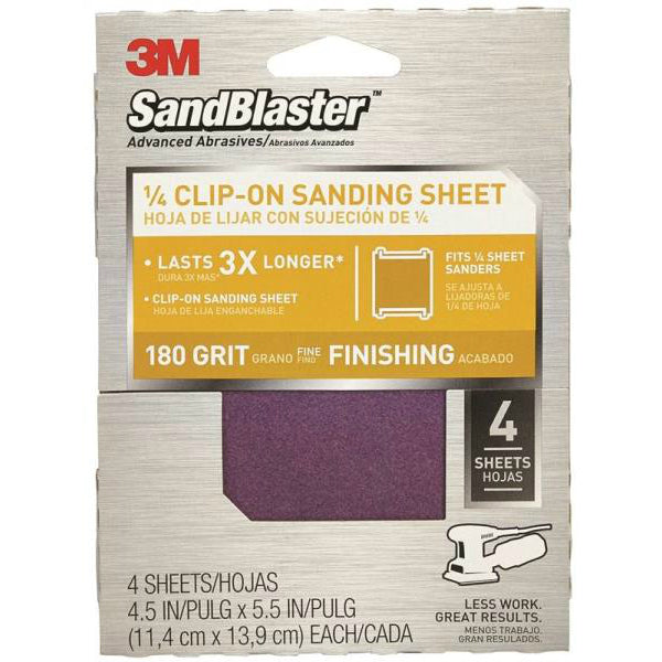 3M 9662 SandBlaster Clip On Palm Sanding Sheet, 4-1/2" x5-1/2", 180 Grit, 4-Pack