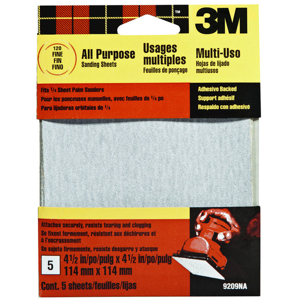 3M 9209 Adhesive Backed Palm Sander Sheets, 4-1/2" x 4-1/2", Fine120 Grit, 5-Pk