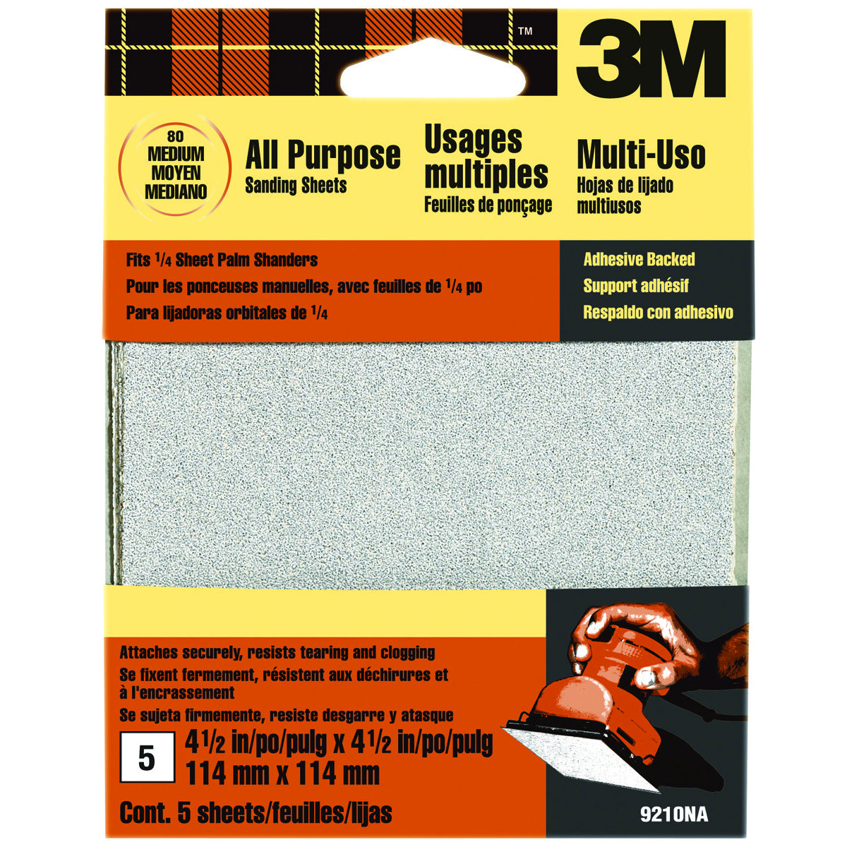 3M 9210NA Adhesive Backed Palm Sander Sheets, 4-1/2"x4-1/2", Medium Grit, 5-Pack