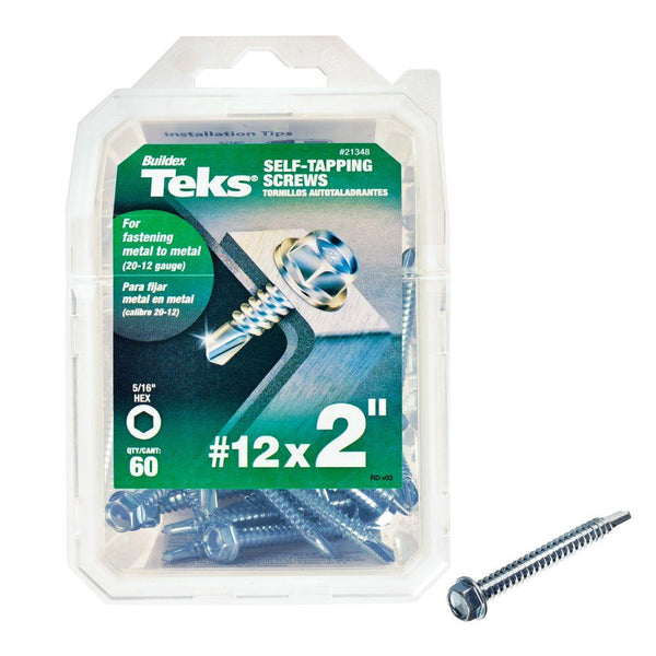 Teks 21348 Self-Tapping Hex-Washer-Head Drill Point Screw, #12 x 2", 60-Count