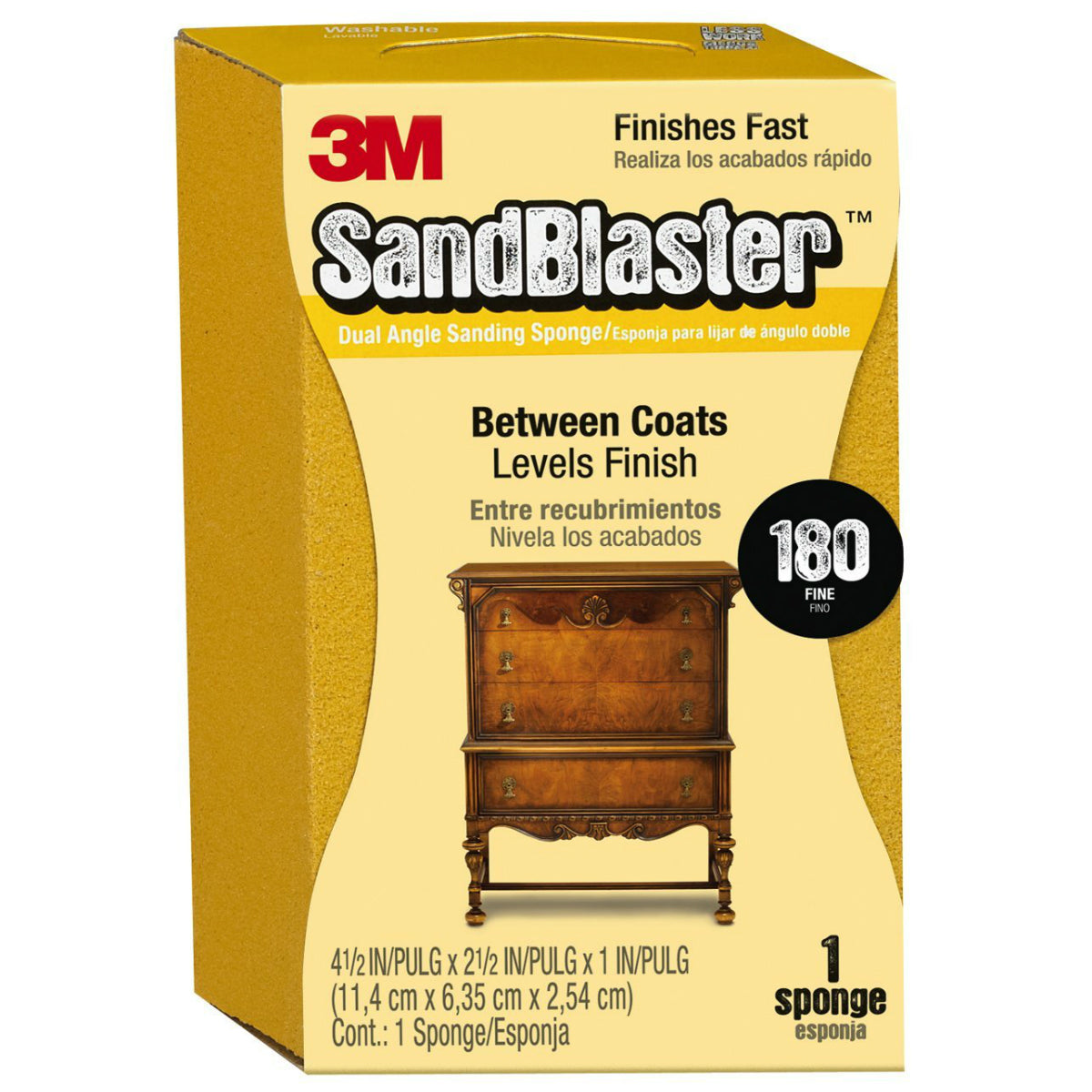 3M 9564 SandBlaster Dual Angle Sanding Sponge, Fine 180 Grit, 4-1/2" x 2-1/2"