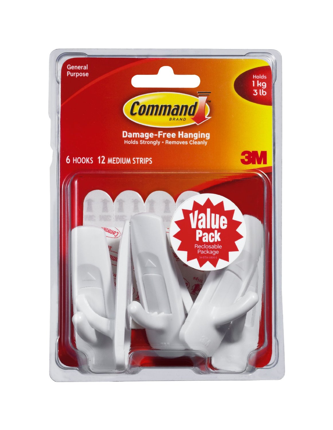 Command 17001-VP-6PK Medium Utility Hook Value Pack, White, 6 Pack