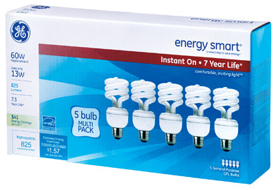 GE Lighting 85939 Energy Smart® T3 Spiral® CFL Bulb, Soft White, 13W, 5-Pack