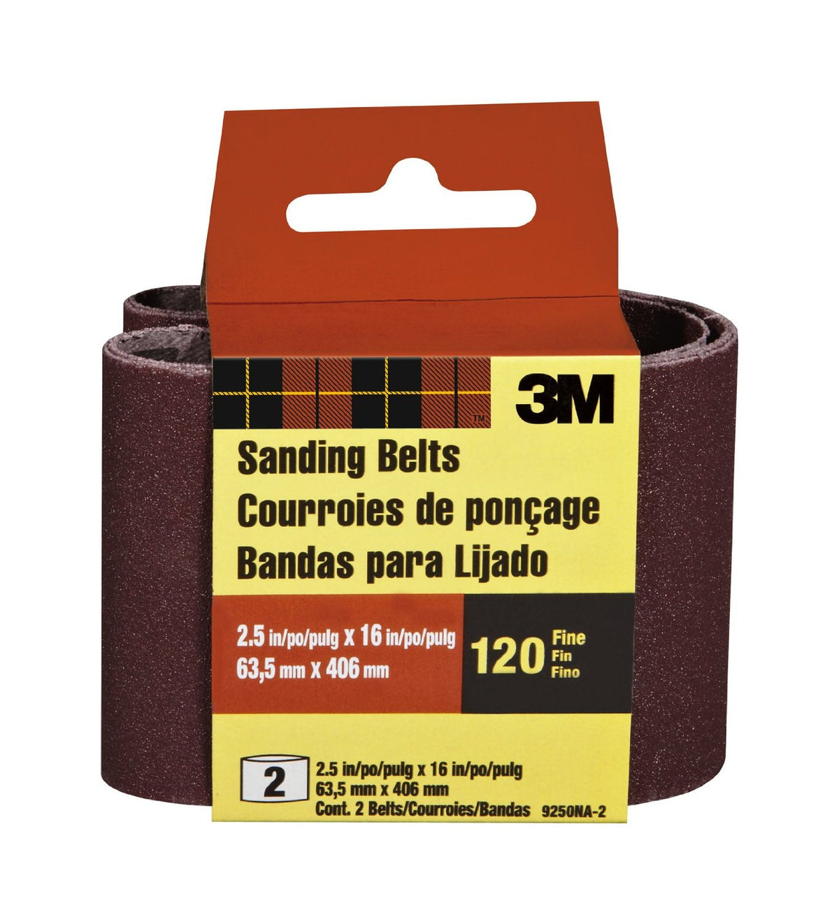 3M 9250-2 Heavy Duty Resin Bond Power Sanding Belt, 2-1/2" x 16", 120 Grit, 2-Pk