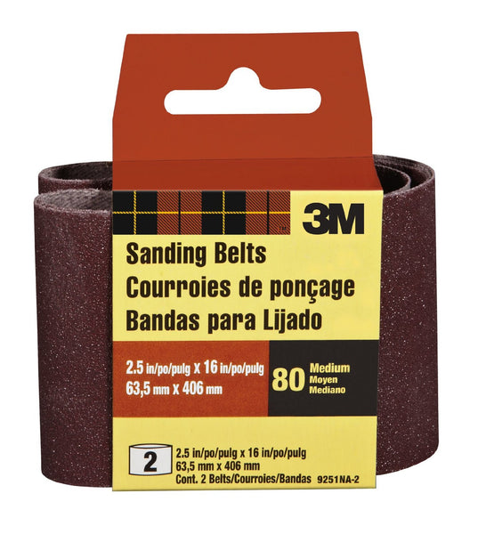 3M 9251-2 Heavy Duty Resin Bond Power Sanding Belt, 2-1/2" x 16", 80 Grit, 2-Pk