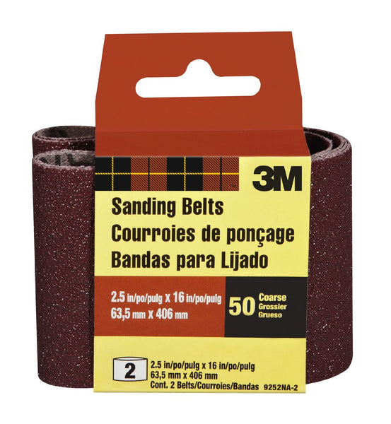 3M 9252-2 Heavy Duty Resin Bond Power Sanding Belt, 2-1/2" x 16", 50 Grit, 2-Pk