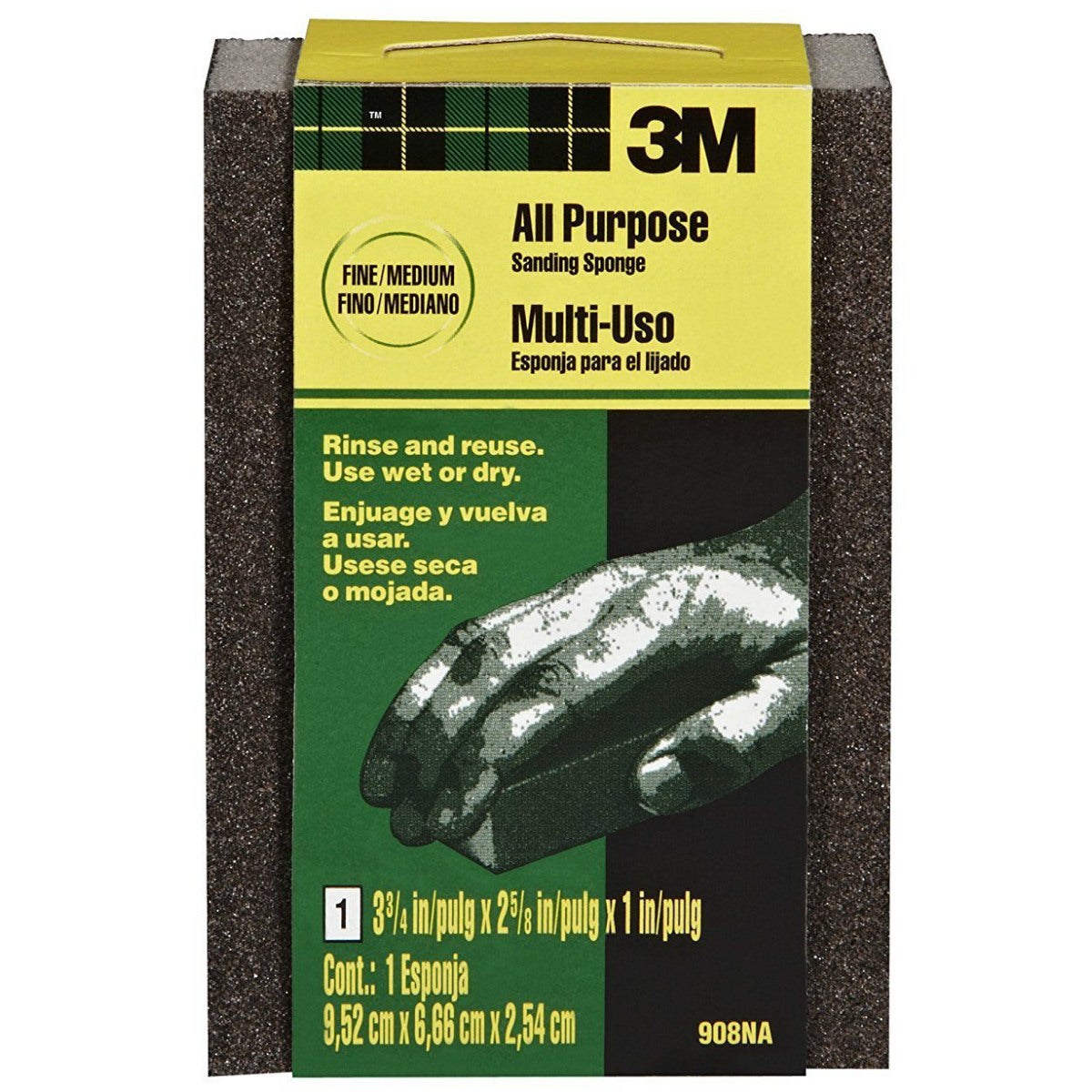 3M 908NA Flexible Multi-Purpose Sanding Sponge, Fine/Medium Grit