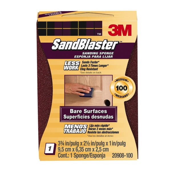 3M 20908-100 SandBlaster Sleeved Sanding Sponge, Medium 100-Grit