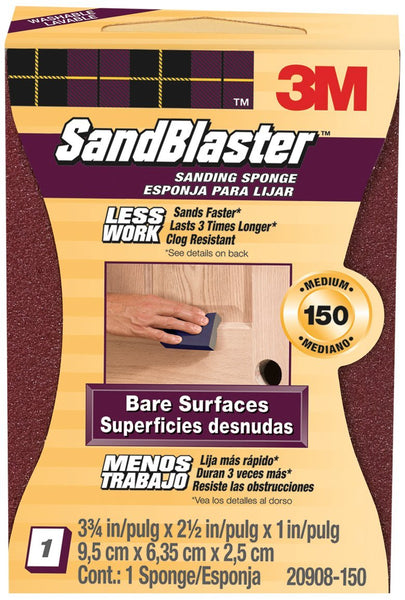 3M 20908-150 SandBlaster Sleeved Sanding Sponge, Medium 150-Grit