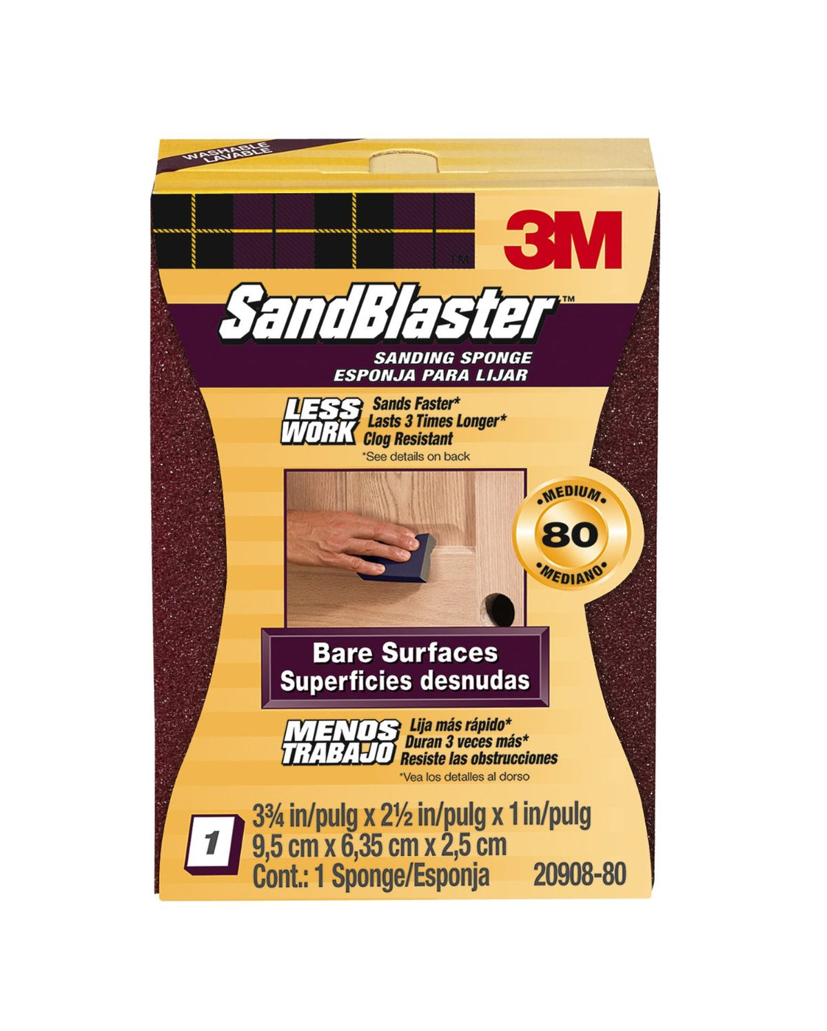 3M 20908-80 SandBlaster Sleeved Sanding Sponge, Medium 80-Grit