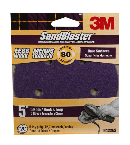 3M 9422ES SandBlaster Sanding Discs, 5" x 5-Hole, Medium 80-Grit, 3-Pack