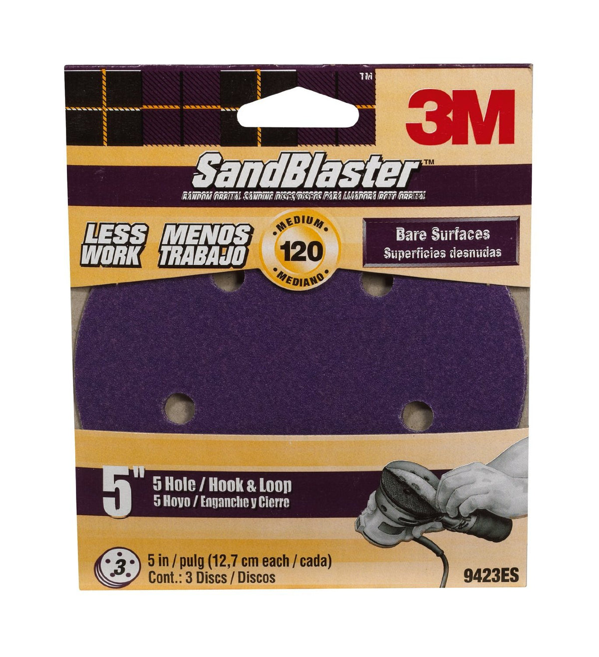 3M 9423ES SandBlaster Sanding Discs, 5" x 5-Hole, Medium 120-Grit, 3-Pack