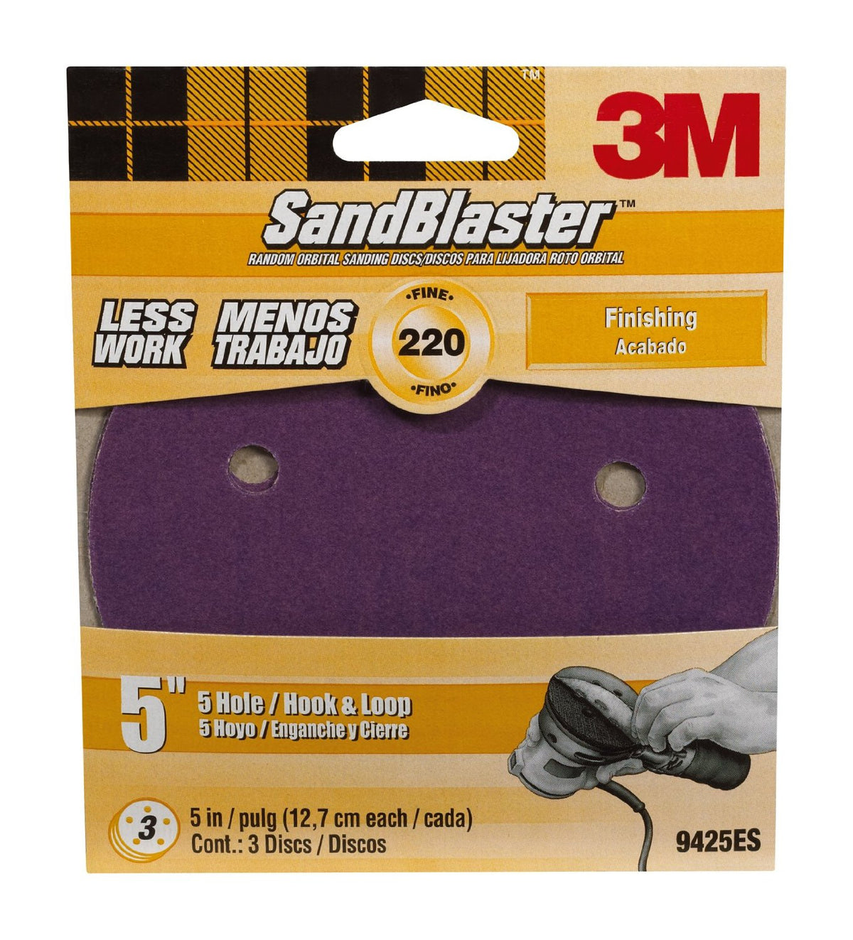 3M 9425ES SandBlaster Sanding Discs, 5" x 5-Hole, Fine 220 -Grit, 3-Pack