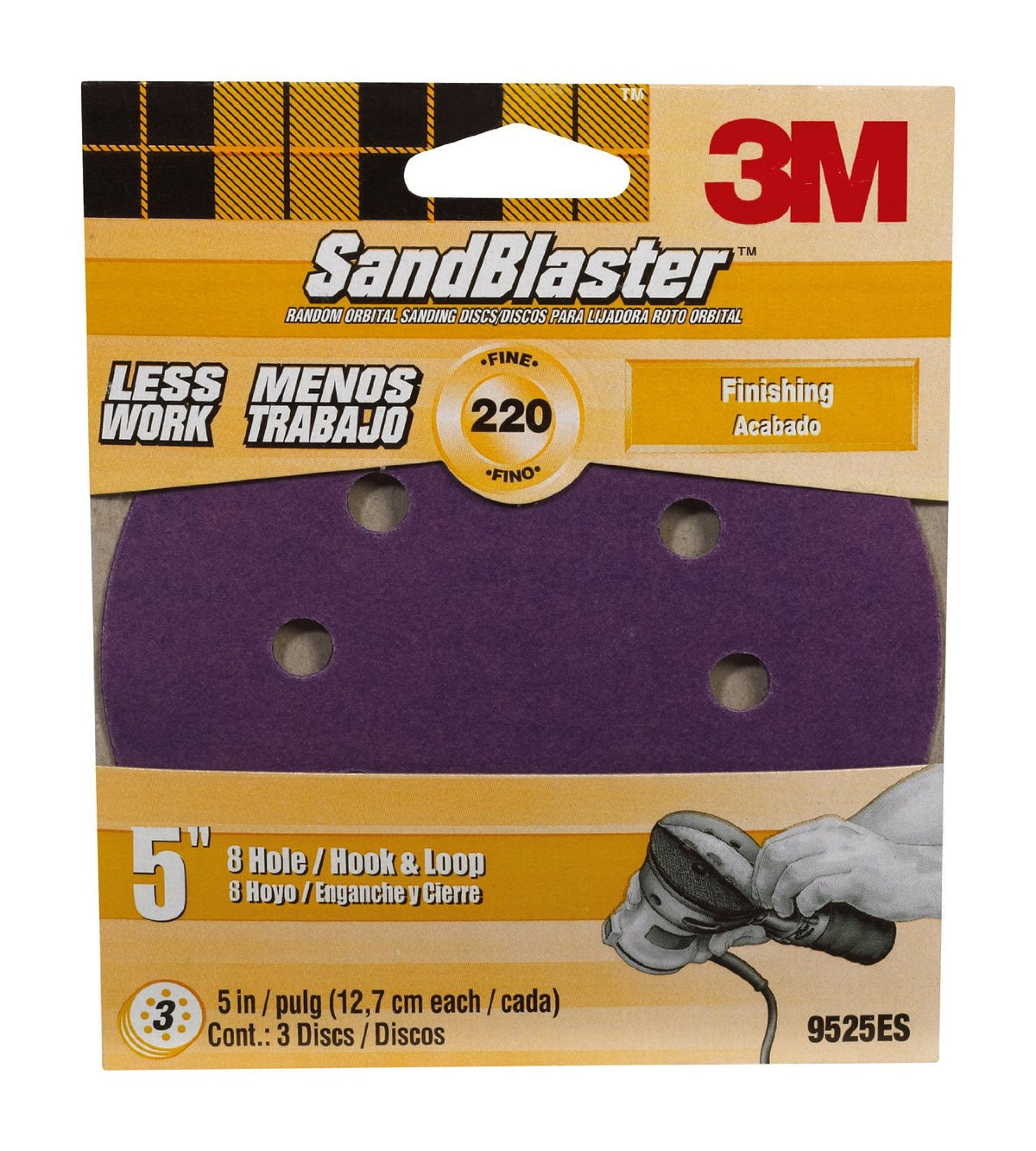 3M 9525SB-ES SandBlaster Sanding Discs, 5" x 8-Hole, Fine 220-Grit, 3-Pack