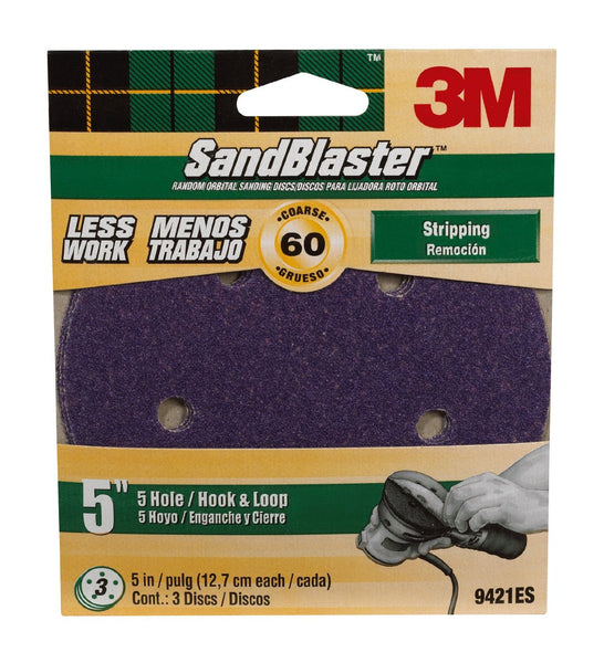 3M 9421ES SandBlaster Sanding Discs, 5" x 5-Hole, Coarse 60-Grit, 3-Pack